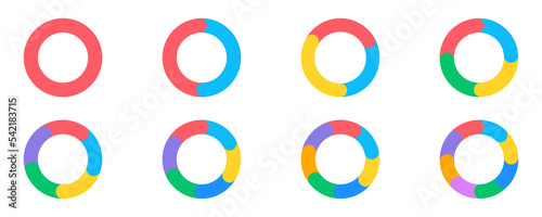Set of pie chart vector. Circle diagram from 1 to 8 section or steps. Graph from segments. Progress color wheel.