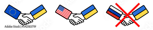 Handshake from USA and european union with Ukraine. Support, friendship, cooperation, help for Ukraine. No partnership with Russia. Solidarity between country.