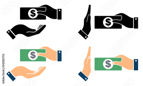 Giving or beg money. Proposal and rejection from bribe. No corruption or bribery. Proposal bribe. Donate money. Vector 10 Eps.
