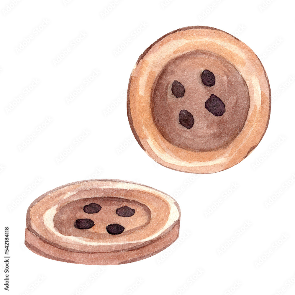 Realistic wood buttons. Watercolor hand drawn illustration isolated on  white.