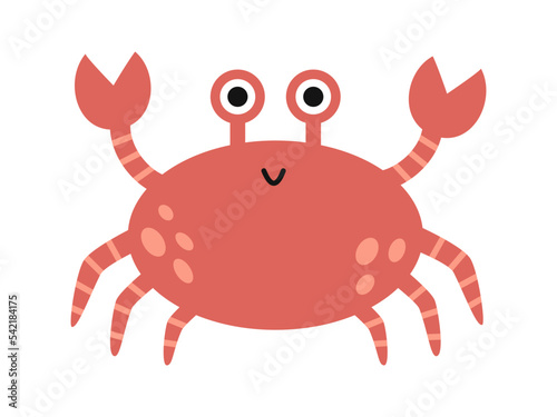 Vector cute red sea crab. Funny smiling crab with claws. Marine life animal in flat design.
