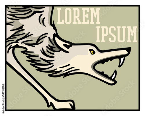 Vector card with hand drawn growling wolf . Ink drawing, graphic style. Beautiful wild animal or mythological creature illustration