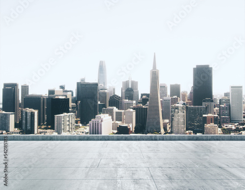 Empty concrete dirty rooftop on the background of a beautiful San Francisco city skyline at morning, mockup
