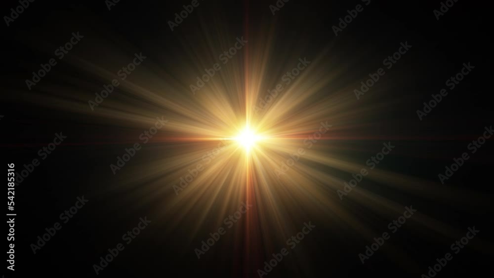 4K loop center rotating flickering glow star lights optical lens flares shiny animation art background. Lighting lamp rays effect dynamic bright video footage. Gold glow star optical flare motion.