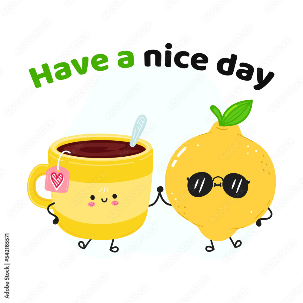 Cute happy cup of tea and lemon card. Vector hand drawn doodle style cartoon character illustration icon design. Happy cup of tea and lemon friends concept card Cute happy cup of tea and lemon card. Vector hand drawn doodle style cartoon character illustration icon design. Happy cup of tea and lemon friends concept card