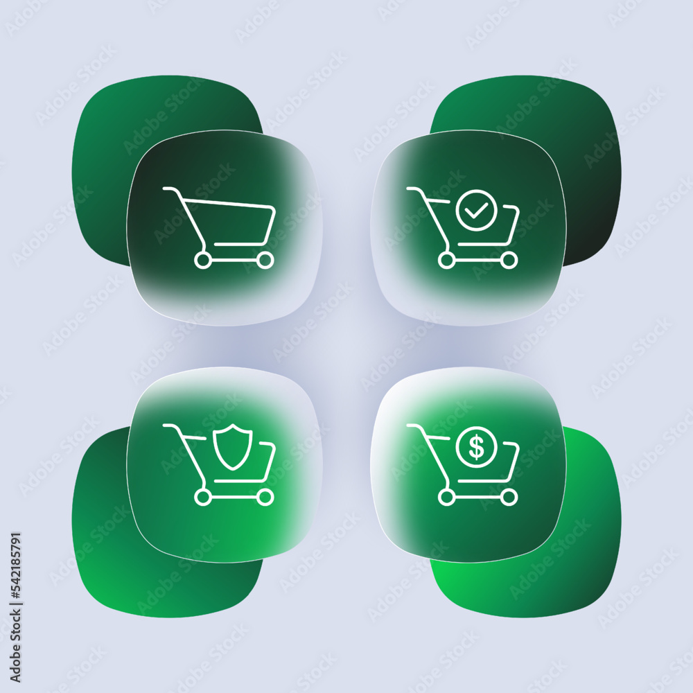 Shopping carts with website buttons set icon. Tick, checkmark, plus, cross, add, remove, delete, online store, buy, purchase. Sale concept. Glassmorphism style. Vector line icon for Business Shopping carts with website buttons set icon. Tick, checkmark, plus, cross, add, remove, delete, online store, buy, purchase. Sale concept. Glassmorphism style. Vector line icon for Business