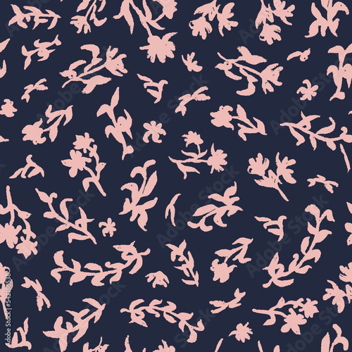 Flowers, leaves and herbs seamless repeat pattern. Random placed, vector botanical all over surface print on dark blue background.