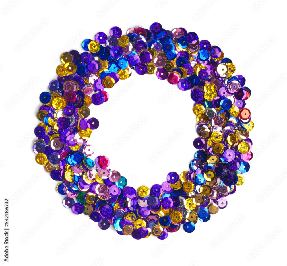 Pile of colorful sequins isolated on white, top view Pile of colorful sequins isolated on white, top view