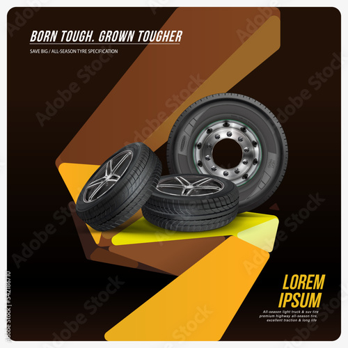 Car wheels with rims and truck wheel. Designer creative background. A bunch of wheels. Tires with treads are stacked on top of each other. Web advertisement banner. Sale of winter and summer wheels.