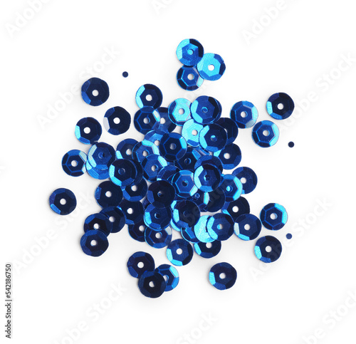 Pile of dark blue sequins isolated on white  top view
