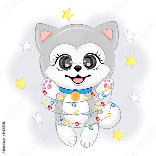 Cute Alaskan Malamute dog with garland, Christmas or New Year vector illustration
