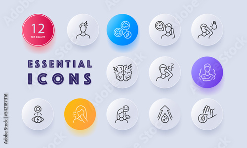 Disease set icon. Temperature, fever, tremor, disability, dizziness, pulse, migraine, deafness, brow ague, hearing problems, chills, headache, heart pain. Health care concept. Neomorphism