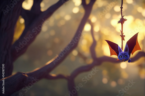 Bat hanging on a tree branch in green foliage under rays of sunlight 3d illustration photo