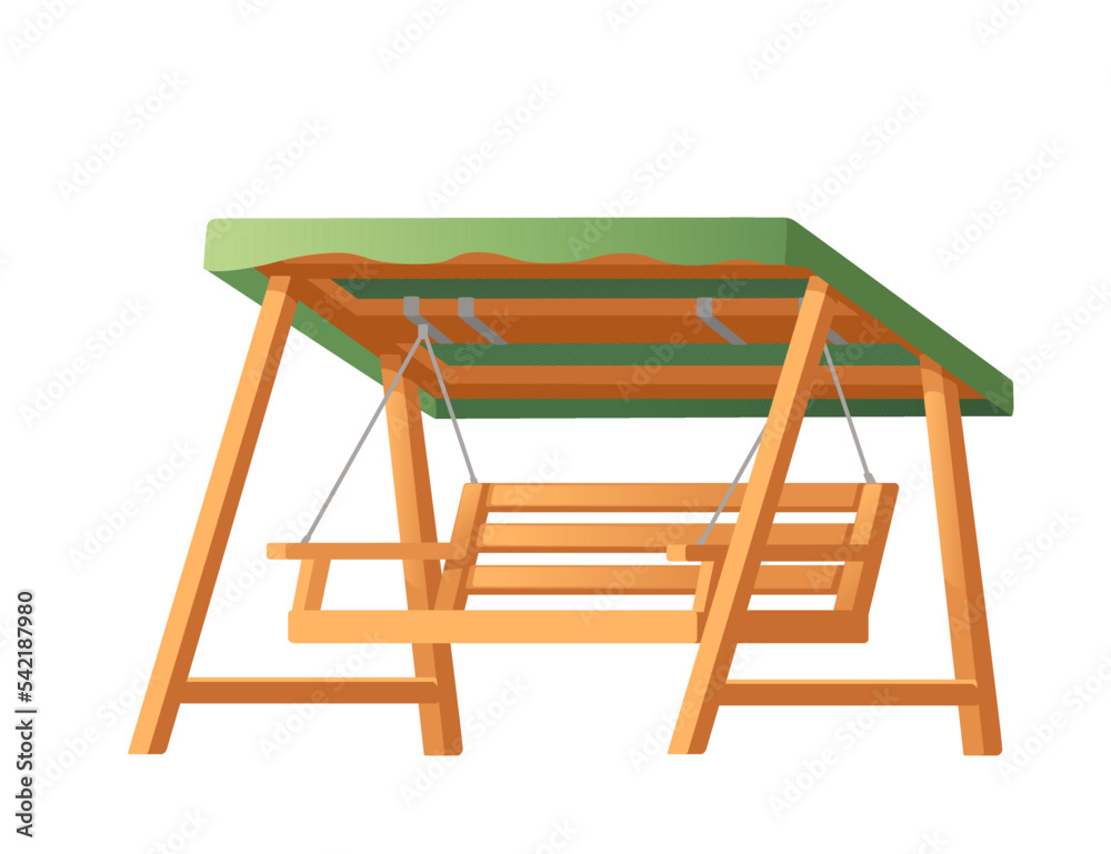 Wooden swing backyard bench furniture with green roof vector illustration isolated on white background