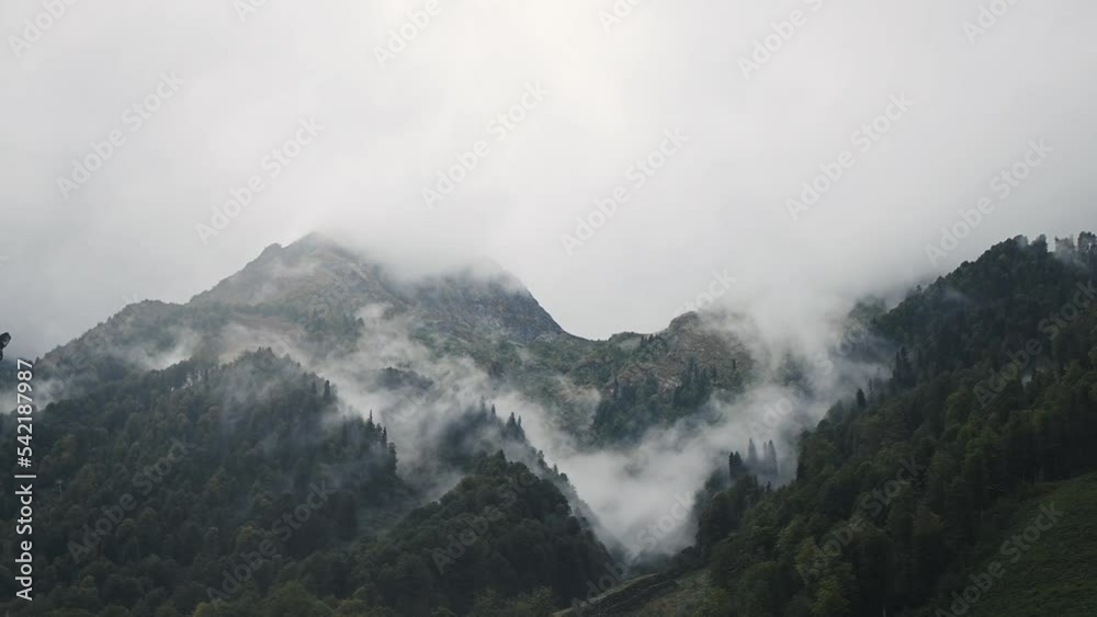 White fog clouds float in mountains among forest. Mysterious landscape, autumn weather, natural background. Mountain peak in clouds. Spruce forest in mountains. Travel concept, trekking. slow motion White fog clouds float in mountains among forest. Mysterious landscape, autumn weather, natural background. Mountain peak in clouds. Spruce forest in mountains. Travel concept, trekking. slow motion