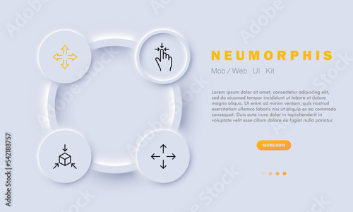 Arrow set icon. 3d modeling, rotate an object, 360 degrees viewing angle, click, pointer, cursor, zoom in, zoom out, deploy, virtual reality. Metaverse concept. Neomorphism style. Vector line icon