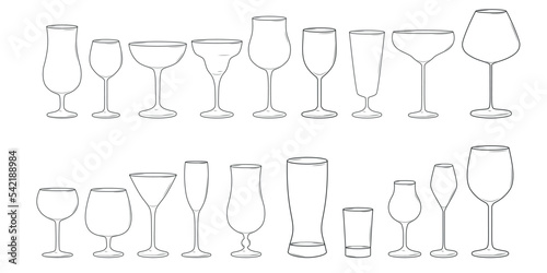 Collection of various line glasses isolated on white background. Vector illustration