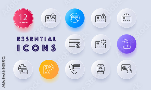 Banking card set icon. Payment failed, pin code, password, nfs, discount, cashback, protection, credit card, internet banking, terminal, ATM. Money transfer concept. Neomorphism style
