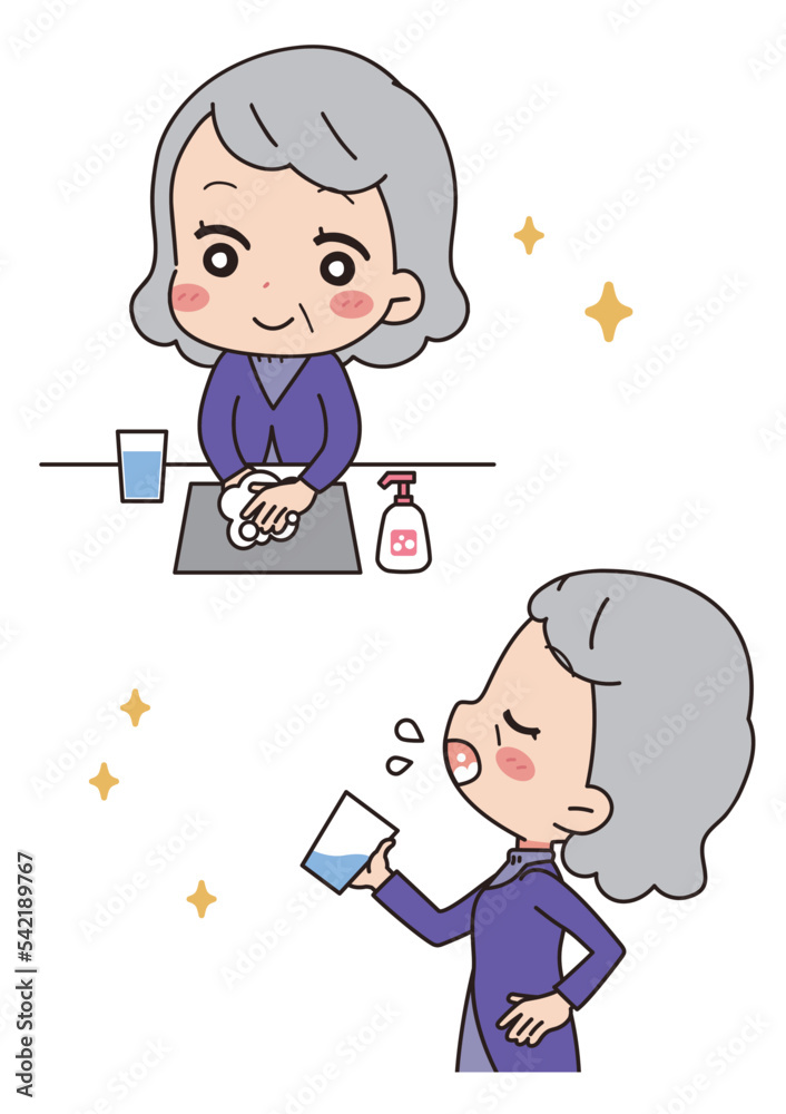 A set of senior women who gargle and wash their hands.
A set of senior women who gargle and wash their hands.