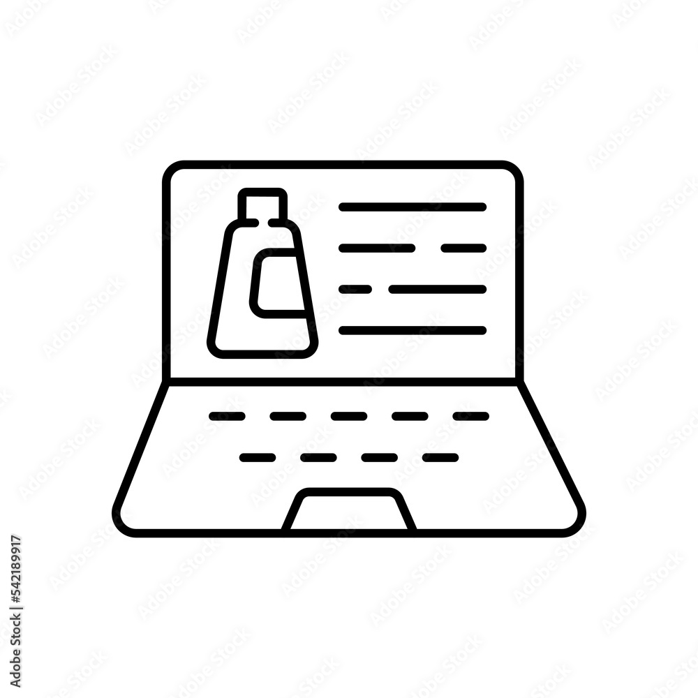 Laptop with Bottle of mineral line icon. Cherry juice, thirst, sweetness, soda, liquid, fluid, drinking water. Beverage concept. Vector black line icon on a white background Laptop with Bottle of mineral line icon. Cherry juice, thirst, sweetness, soda, liquid, fluid, drinking water. Beverage concept. Vector black line icon on a white background