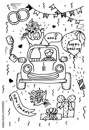 wedding doodle illustration, bride and groom go by car black and white picture