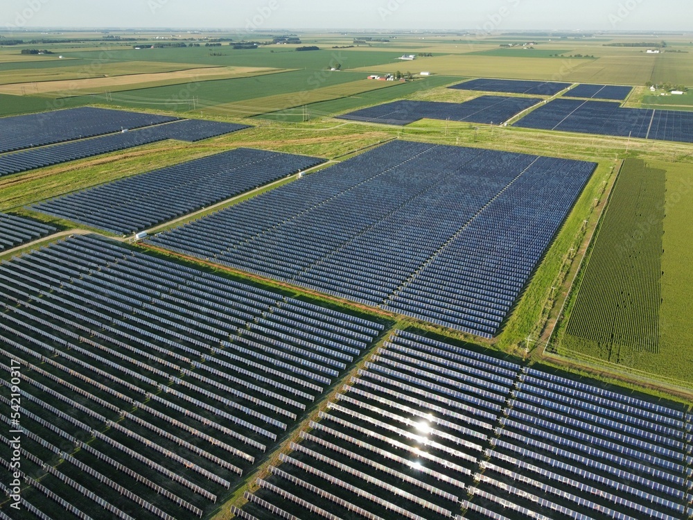 Aerial shot of a wide solar panel farm