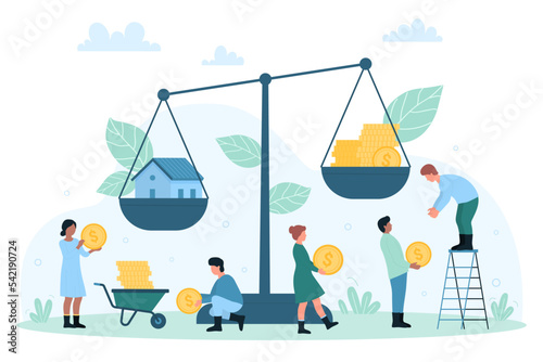 Investment in real estate, budget and savings vector illustration. Cartoon tiny people put gold coins on scale to balance with weight of house and invest in property, increase cost of home expenses