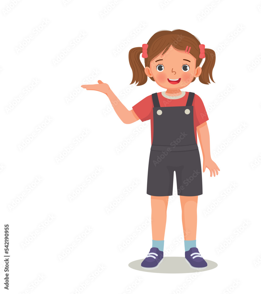 cute little girl showing presenting with hand for copy space 