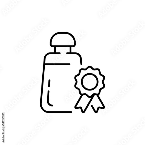Salt shaker with reward. Sugar, Sweetness, sugar cubes, coffee, quality mark, saucepan, cup, flour. Dessert concept. Vector black line icon on a white background