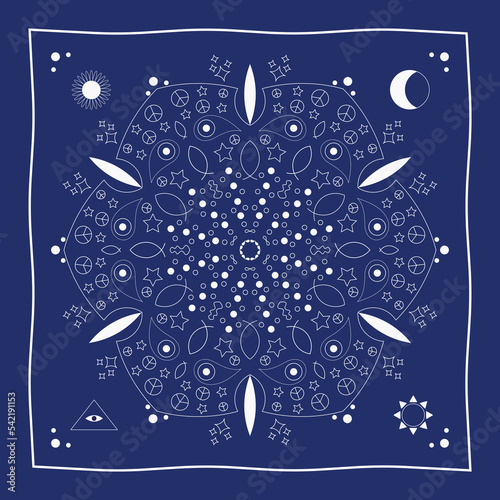 Bandana print Seamless pattern Mandala illustration White on blue Vector