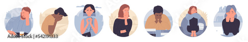 Cartoon lonely man woman suffering from grief, loneliness and pain, people teens crying background. Stress, anguish, mental problem concept. Sad depressed people round shapes set vector illustration.