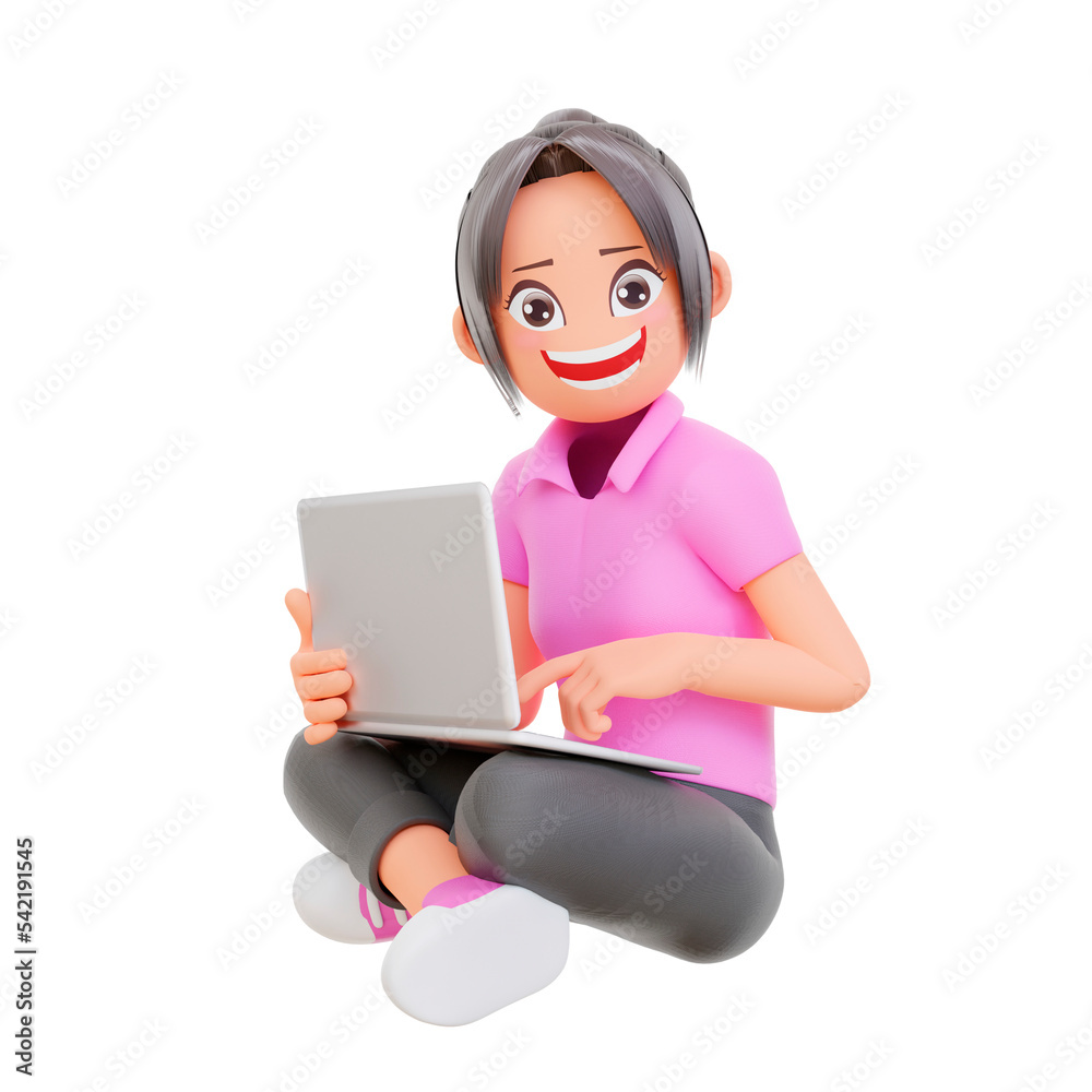 3d render Happy cheerful cute girl child having fun spend summer holidays away from school, sits crossed legs using laptop, excited studying at home with e-learning program 3d render Happy cheerful cute girl child having fun spend summer holidays away from school, sits crossed legs using laptop, excited studying at home with e-learning program