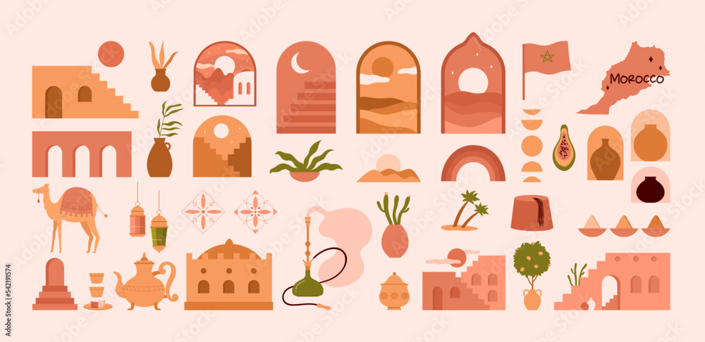 Travel to Morocco set vector illustration. Cartoon isolated abstract Moroccan art and culture symbols, Marrakech city building with terracotta doors and arches, map and flag, pottery and camels