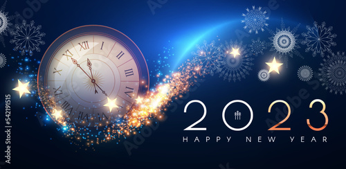 Happy new 2023 year. Ckock, elegant gold text with fireworks, snowflakes and light effects.