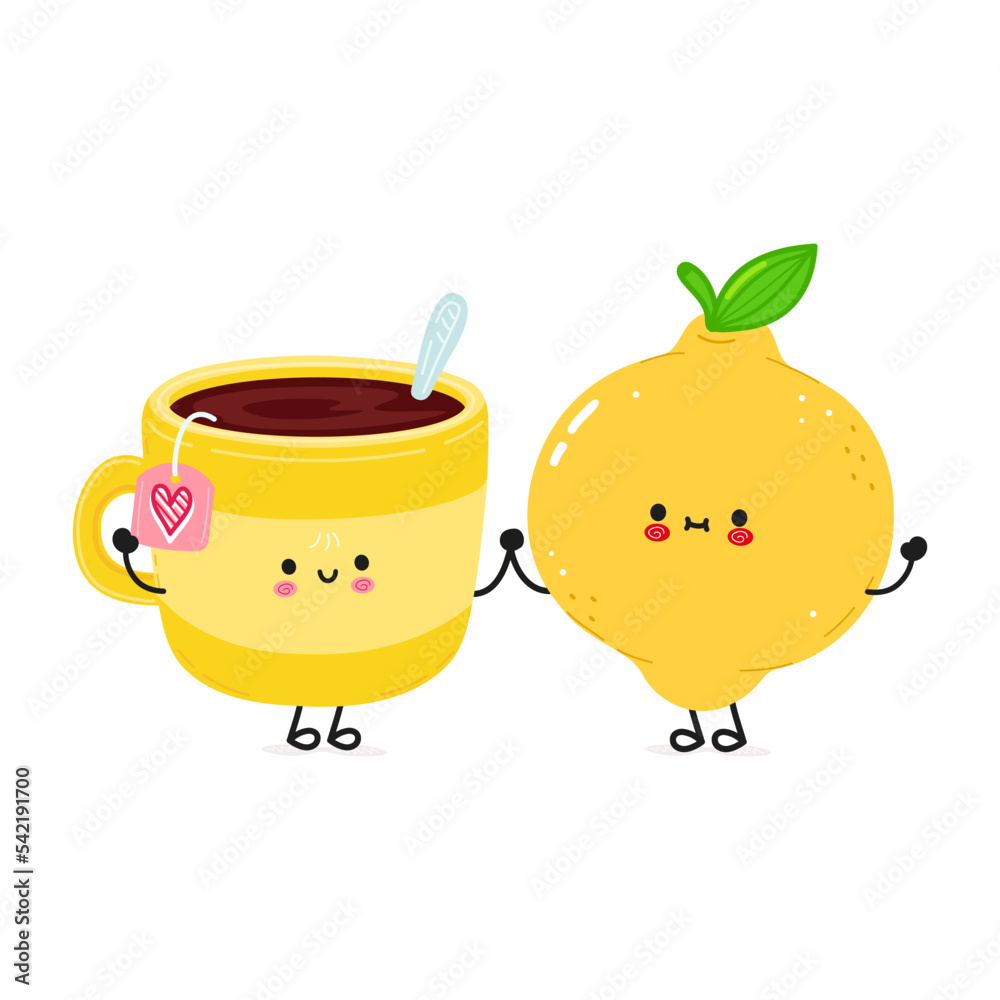 Obraz premium Cute happy cup of tea and lemon card. Vector hand drawn doodle style cartoon character illustration icon design. Happy cup of tea and lemon friends concept card