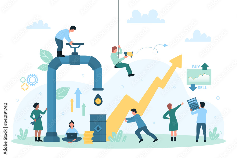 Oil industry, finance price regulation vector illustration. Cartoon tiny people open valve on pipeline of petrol production, control drilling and crude oil price growth, arrow graph and diagram rise
