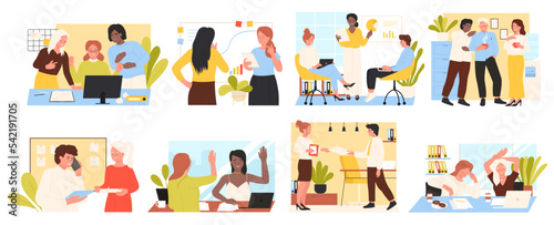 Office work and coffee break of people set vector illustration. Cartoon busy professional corporate workers meeting at comfortable workplace, employees thinking about project, studying charts