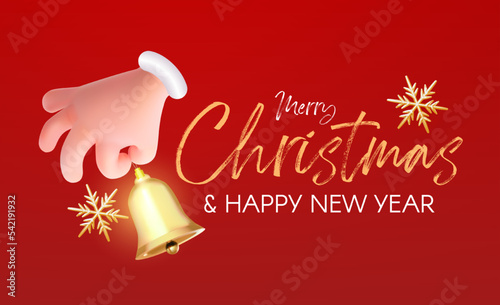 Merry Christmas and Happy New Year design template with Santa Claus hand ringing bell