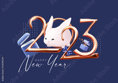 Happy New 2023 Year! Golden text with gift boxes and rabbit.