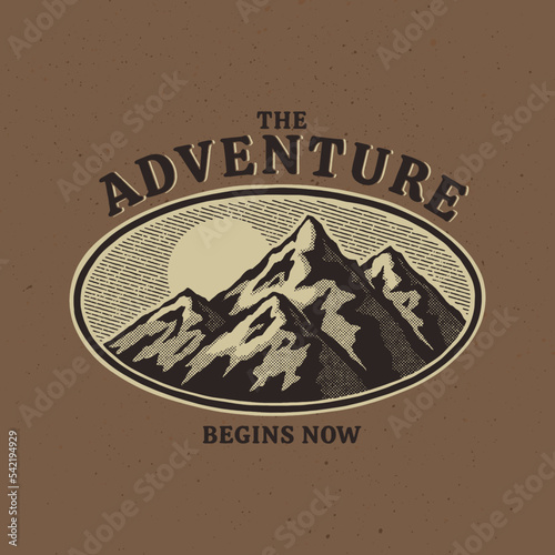 Vintage illustration of mountain landscape. The Adventure Begins Now.
