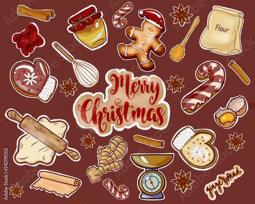 Gingerbread recipe sticker set. Christmas gingerbread stickers, flour, scales, ginger, spices, gingerbread.Clipart of Christmas cookies. Hand drawn, vector, printable sticker set