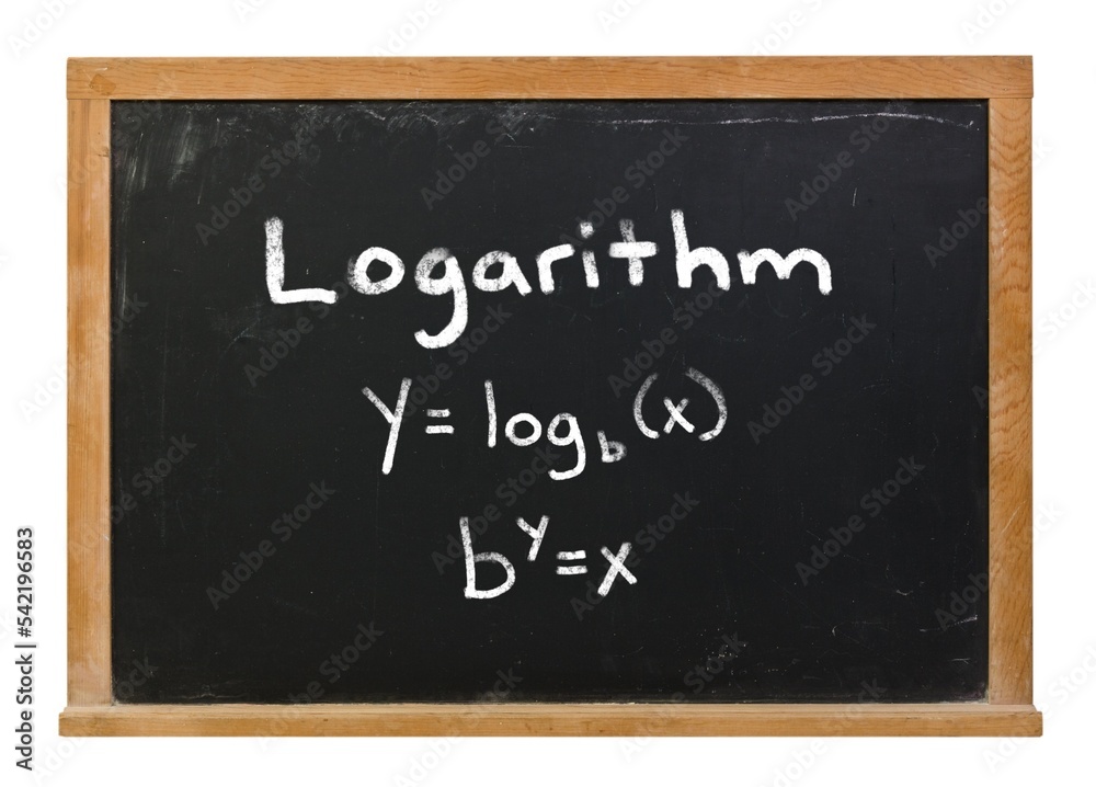 Logarithmic functions written in white chalk on a black chalkboard isolated on white Logarithmic functions written in white chalk on a black chalkboard isolated on white