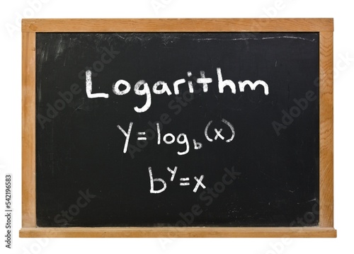 Logarithmic functions written in white chalk on a black chalkboard isolated on white