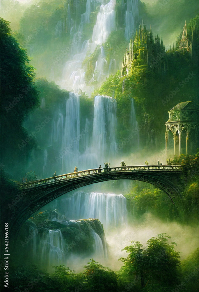 concept art illustration of rivendell town from lord of the rings Foto,  Poster, Wandbilder bei EuroPosters