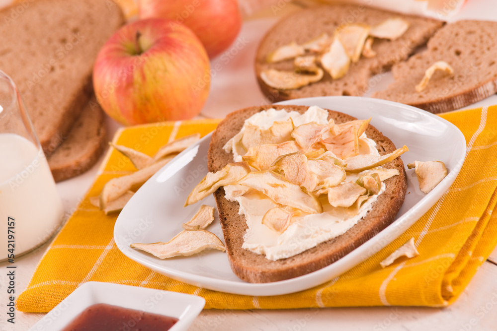 Rye bread with apple in crispy slices with skin. Rye bread with apple in crispy slices with skin.