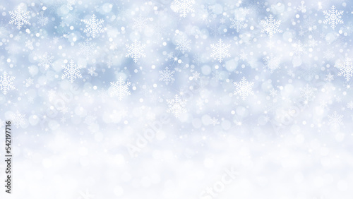 Merry Christmas texture background, snowfall on blue blurred lights with snowflakes patterns. Gift greeting card ticket or promotional banner template with copy space. © amedeoemaja