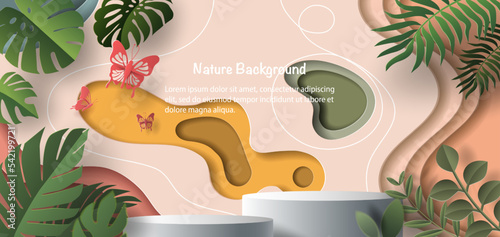 Product banner, podium platform with geometric shapes and nature background, paper illustration, and 3d paper. #542199721