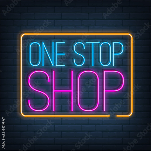 One Stop Shop neon sign vector on a brick wall. Shoping design template, light banner, night signboard.. Vector illustration.