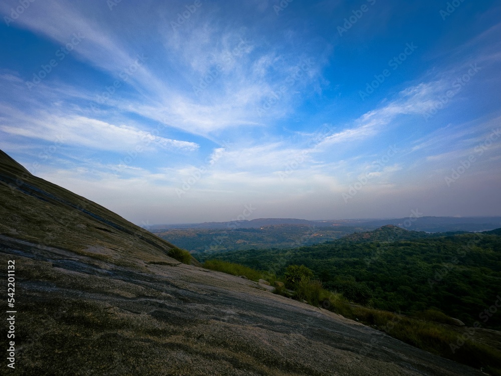 Landscape view of the Savandurga Hills in Karnataka, India, under the beautiful sky