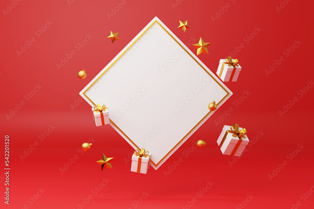 3D rendering golden and white frame floating with Christmas decoration element with copy space. Merry Christmas gift Christmas ball, Pine tree and star with blank space 3D mockup. Minimal style frame 3D rendering golden and white frame floating with Christmas decoration element with copy space. Merry Christmas gift Christmas ball, Pine tree and star with blank space 3D mockup. Minimal style frame